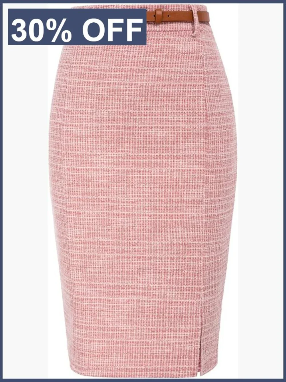 High Waisted Tweed Pencil Skirt with Belt and Slit